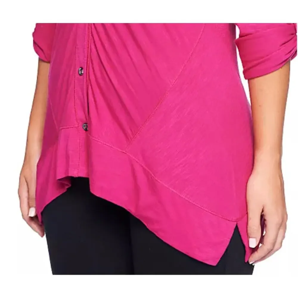 Cardigan Logo Lori Goldstein Button Front 3X Dark Pink Roll Tab Asymmetric Hem